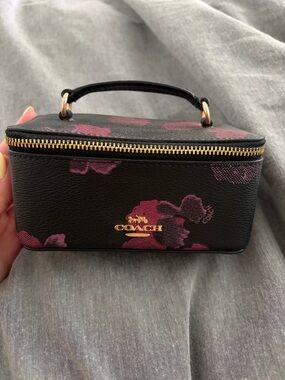 Coach Black Jewelry Case with Pink Floral Print and Top Handle